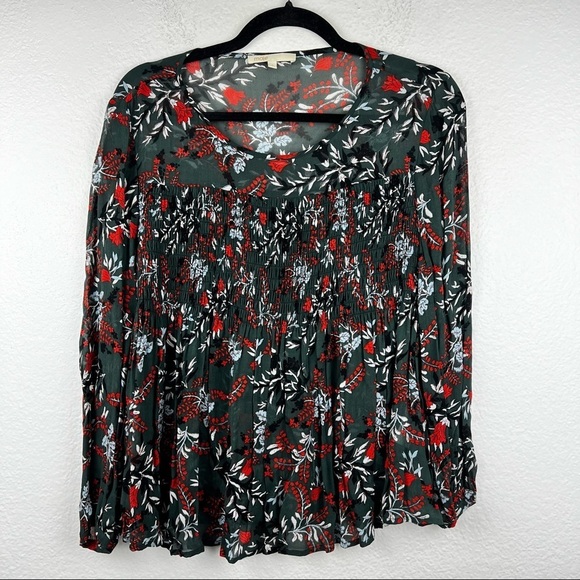 MAJE PARIS Lo Fleur Crepe Georgette Top,
Green Floral Sheer Smocked Blouse, 2 - Picture 2 of 8